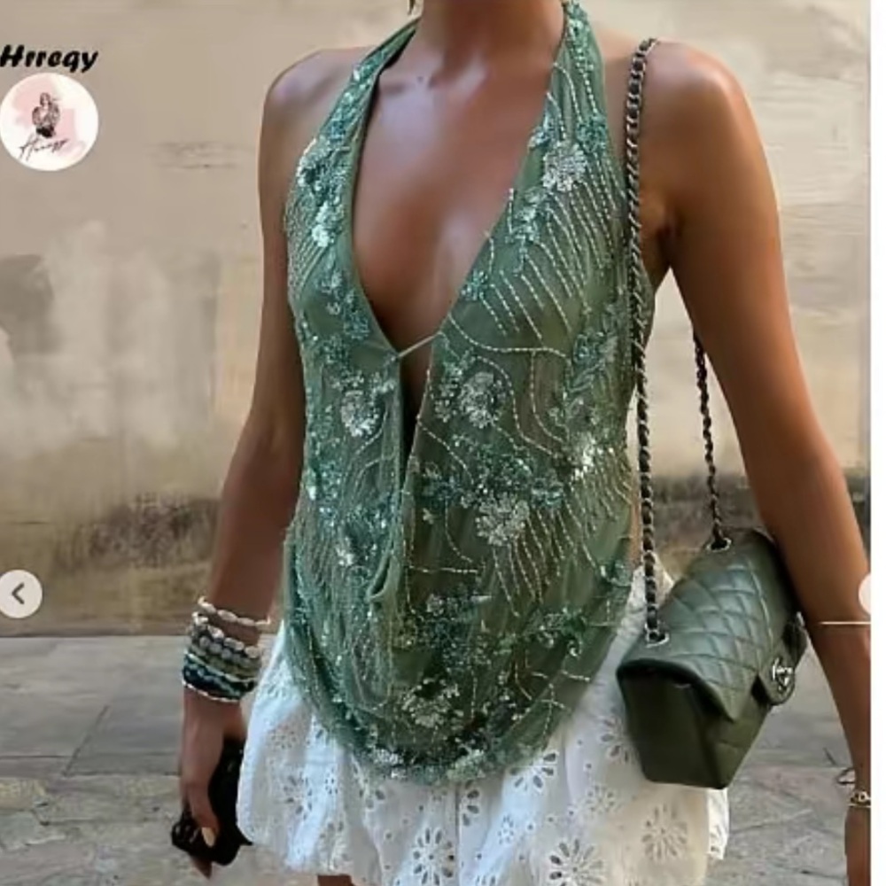 Embroidered Green Beaded Halter Top with White Eyelet Skirt